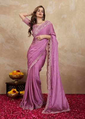 Trendmalls Lilac Art Silk Floral Thread Embroidered Saree with Unstitched Blouse piece 5