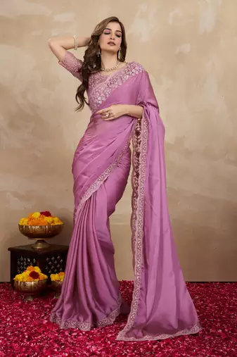 Trendmalls Lilac Art Silk Floral Thread Embroidered Saree with Unstitched Blouse piece
