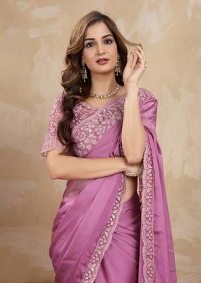 Trendmalls Lilac Art Silk Floral Thread Embroidered Saree with Unstitched Blouse piece 6