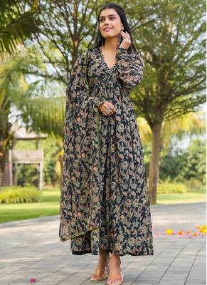 Black colour floral gown with dupatta 1
