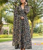 Black colour floral gown with dupatta