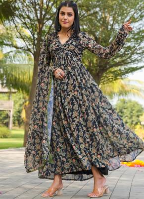 Black colour floral gown with dupatta 3