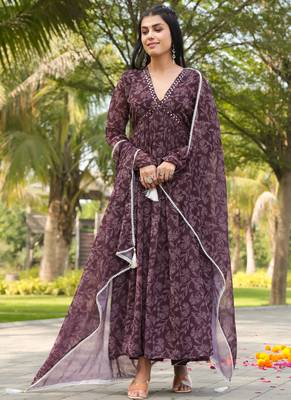 Purple colour floral gown with dupatta 1