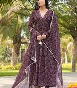 Purple colour floral gown with dupatta