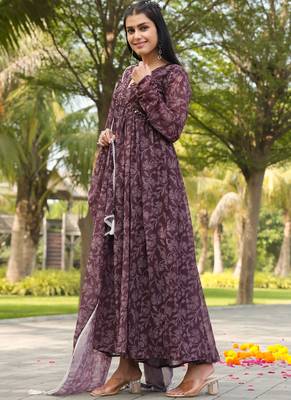 Purple colour floral gown with dupatta 3