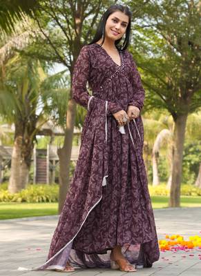 Purple colour floral gown with dupatta 4