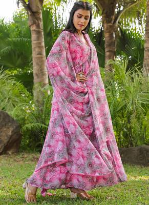 Pink colour floral gown with dupatta 1