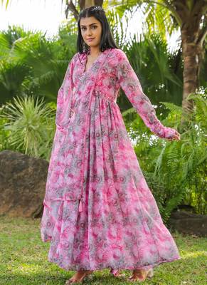 Pink colour floral gown with dupatta 2