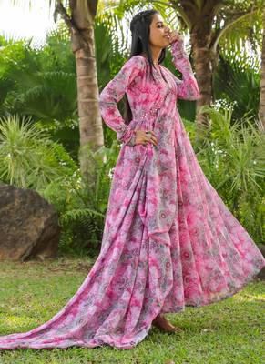 Pink colour floral gown with dupatta 3