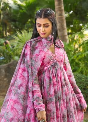 Pink colour floral gown with dupatta 4