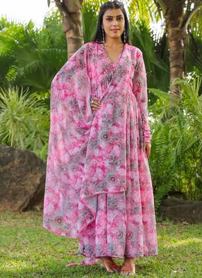 Pink colour floral gown with dupatta 5