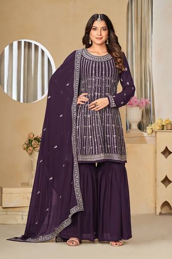 Embroidered purple faux georgette salwar kameez
