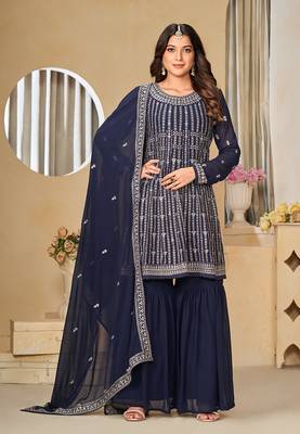 Embroidered navy blue faux georgette trendy salwar kameez 1