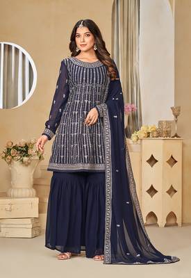 Embroidered navy blue faux georgette trendy salwar kameez 2