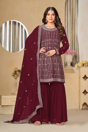 Embroidered maroon faux georgette salwar kameez