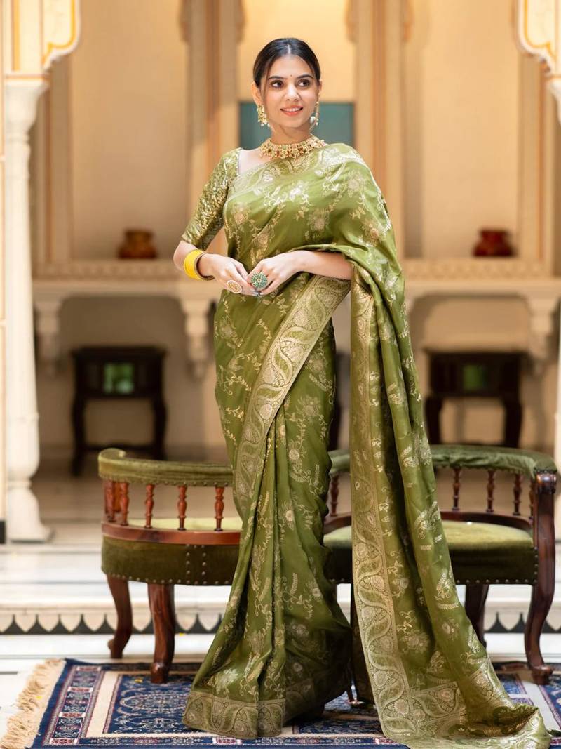 Mehndi Color Woven Art Silk Saree With Blouse