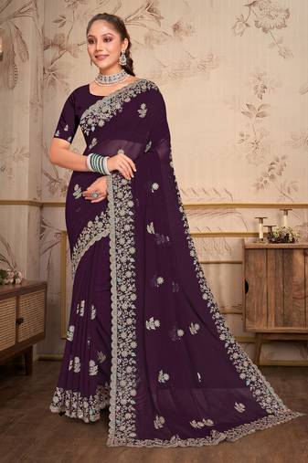 Purple Heavy Coding Embroidery Work Georgette Saree