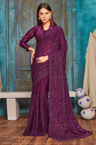 Wine Heavy Beads sequin Embroidery Silk Saree
