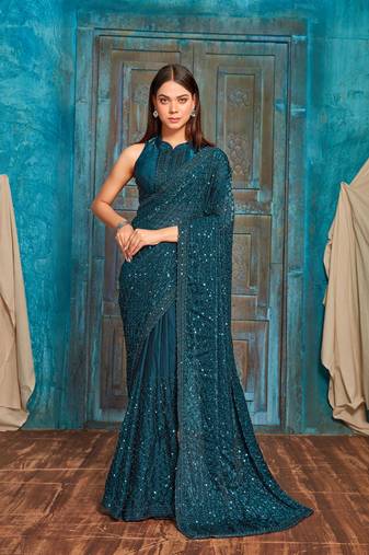 Teal Blue Heavy Beads sequin Embroidery Silk Saree