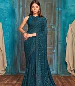 Teal Blue Heavy Beads sequin Embroidery Silk Saree
