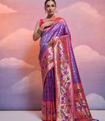 Royal blue paithani silk zari woven traditional saree with blouse