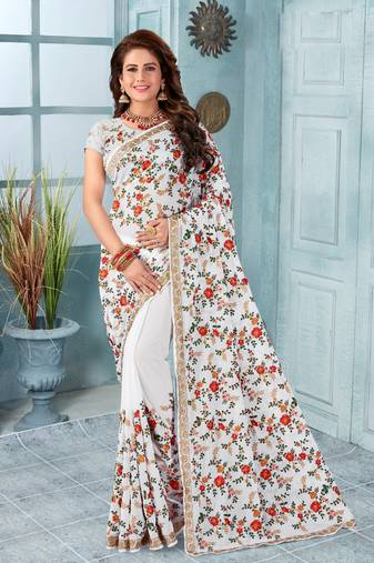 White Zari Resham Kashmiri Embroidery Georgette Saree