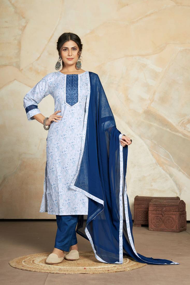 White colour ethnic suit with blue dupatta for festive looks KSM