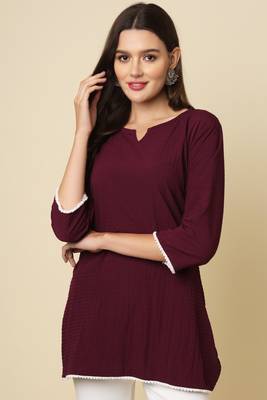 Elegant looks wine colour cotton crush fabric solid crushed rich looks short kurti 1