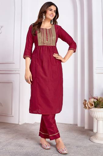 Burgundy colour smart ethnic readymade suit for girlish looks
