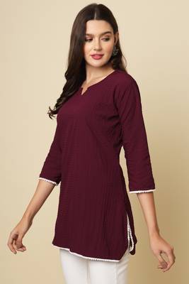 Elegant looks wine colour cotton crush fabric solid crushed rich looks short kurti 3