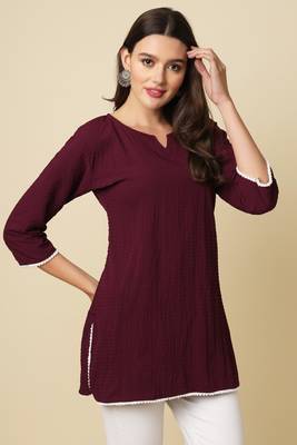 Elegant looks wine colour cotton crush fabric solid crushed rich looks short kurti 5