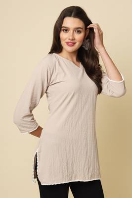 Elegant looks beige colour cotton crush fabric solid crushed rich looks short kurti 1