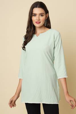 Elegant looks sea green colour cotton crush fabric solid crushed rich looks short kurti 1