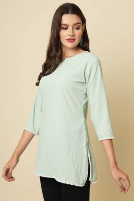 Elegant looks sea green colour cotton crush fabric solid crushed rich looks short kurti 3