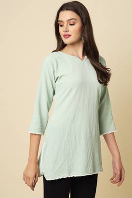 Elegant looks sea green colour cotton crush fabric solid crushed rich looks short kurti 5