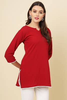 Elegant looks red colour cotton crush fabric solid crushed rich looks short kurti 5
