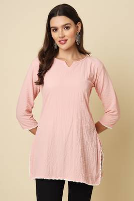 Elegant looks pink colour cotton crush fabric solid crushed rich looks short kurti 1