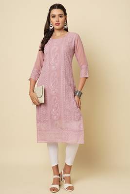 Elegant thread chikankari embroidery work pink colour georgette kurti 1
