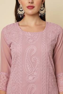 Elegant thread chikankari embroidery work pink colour georgette kurti 3