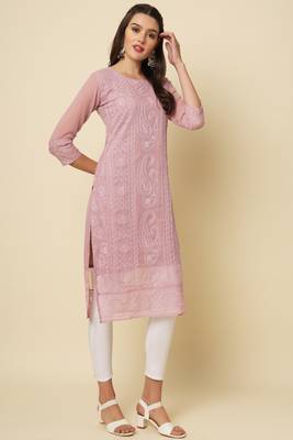 Elegant thread chikankari embroidery work pink colour georgette kurti 4
