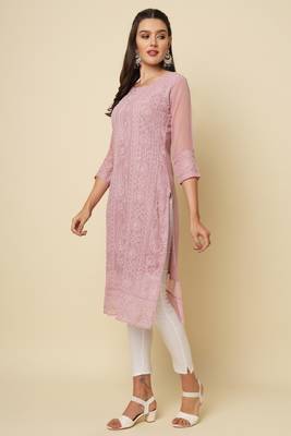 Elegant thread chikankari embroidery work pink colour georgette kurti 5