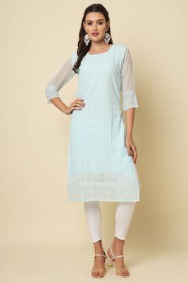 Elegant thread chikankari embroidery work sky blue colour georgette kurti 1