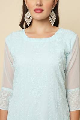 Elegant thread chikankari embroidery work sky blue colour georgette kurti 3