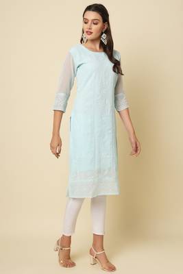 Elegant thread chikankari embroidery work sky blue colour georgette kurti 4