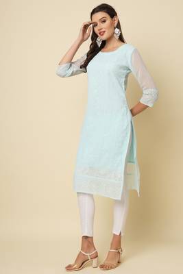 Elegant thread chikankari embroidery work sky blue colour georgette kurti 5