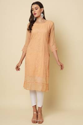 Elegant thread chikankari embroidery work peach colour georgette kurti 1