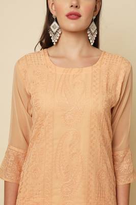 Elegant thread chikankari embroidery work peach colour georgette kurti 3