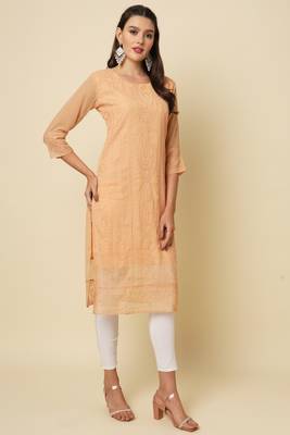 Elegant thread chikankari embroidery work peach colour georgette kurti 4