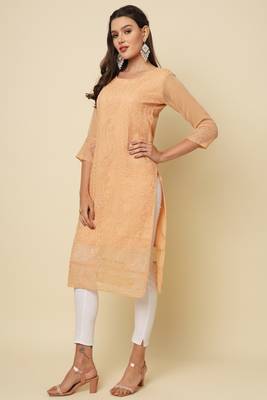 Elegant thread chikankari embroidery work peach colour georgette kurti 5