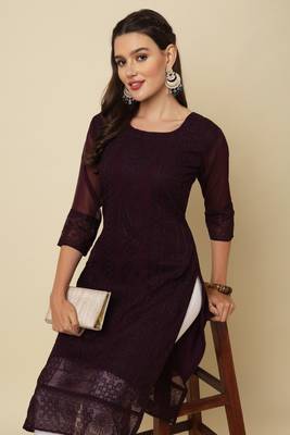 Elegant thread chikankari embroidery coffee colour georgette kurti 3